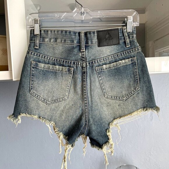 UNIF Double Zip Front Distressed Jeans Shorts High Waisted - Picture 5 of 7